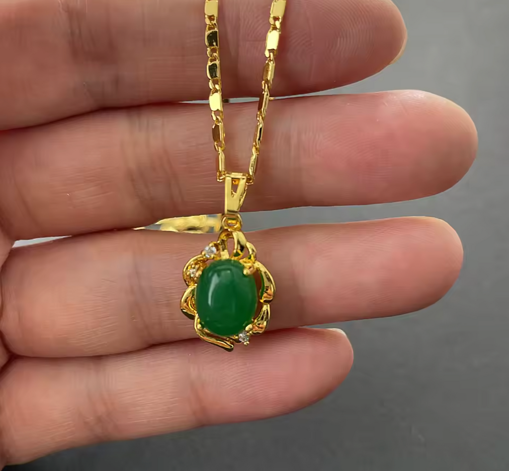 Gold Plated Emerald Pendant Necklace & Earring Jewelry Set
