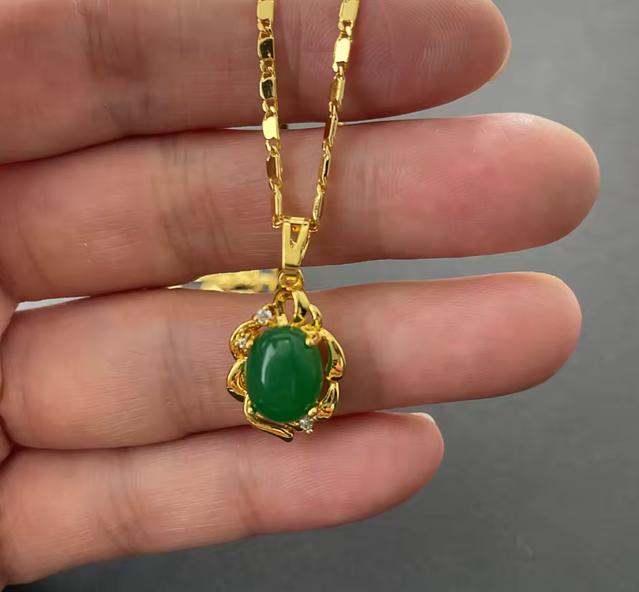 Gold Plated Emerald Pendant Necklace & Earring Jewelry Set
