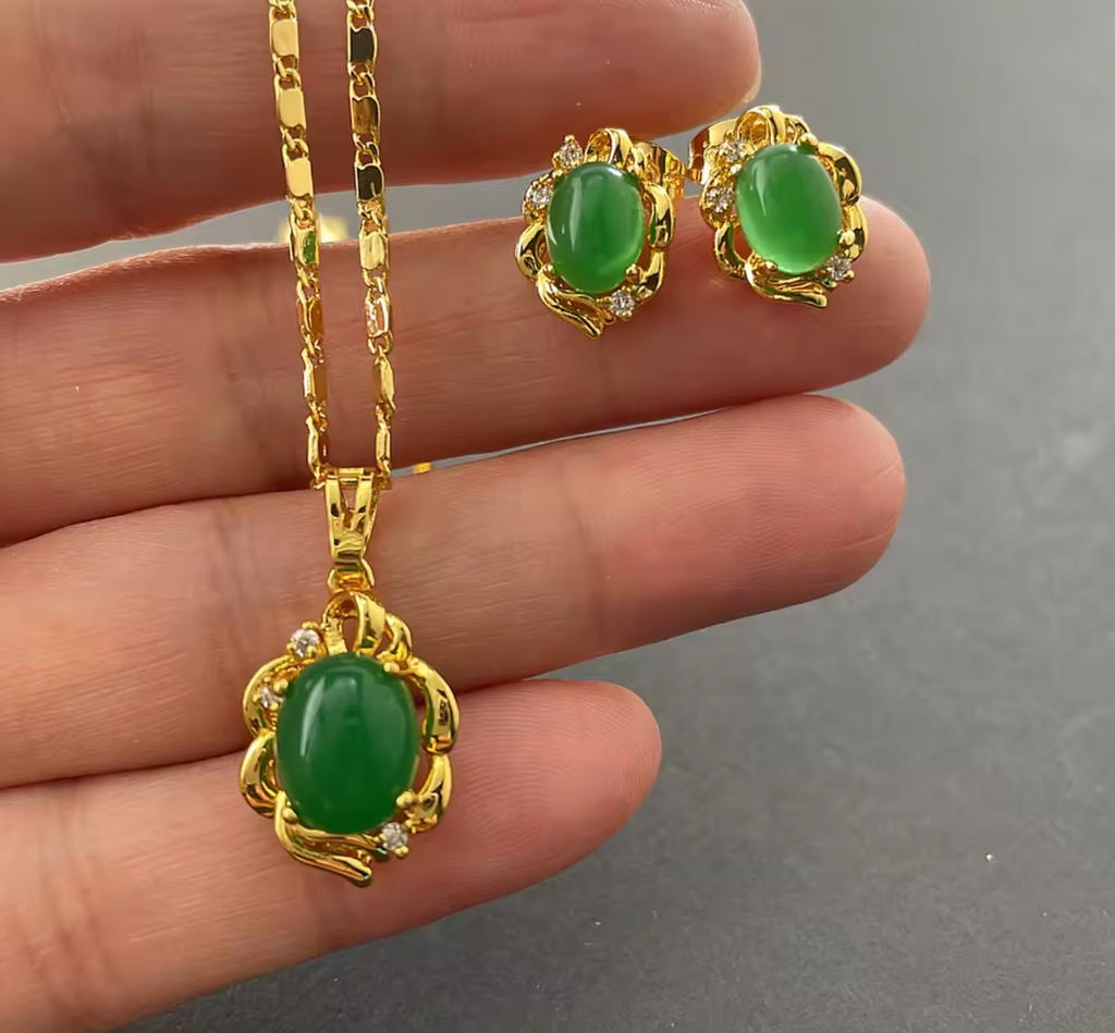 Gold Plated Emerald Pendant Necklace & Earring Jewelry Set
