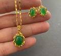 Gold Plated Emerald Pendant Necklace & Earring Jewelry Set