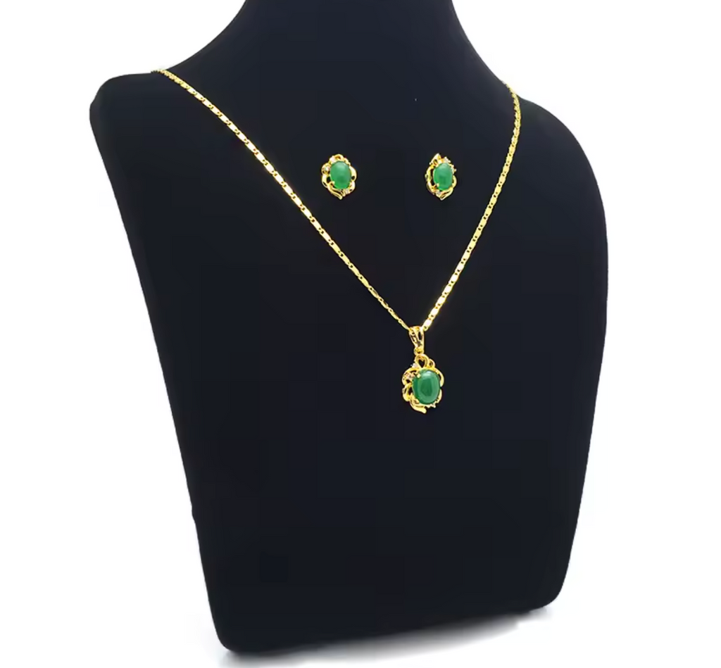 Gold Plated Emerald Pendant Necklace & Earring Jewelry Set