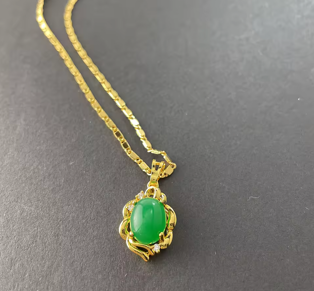 Gold Plated Emerald Pendant Necklace & Earring Jewelry Set