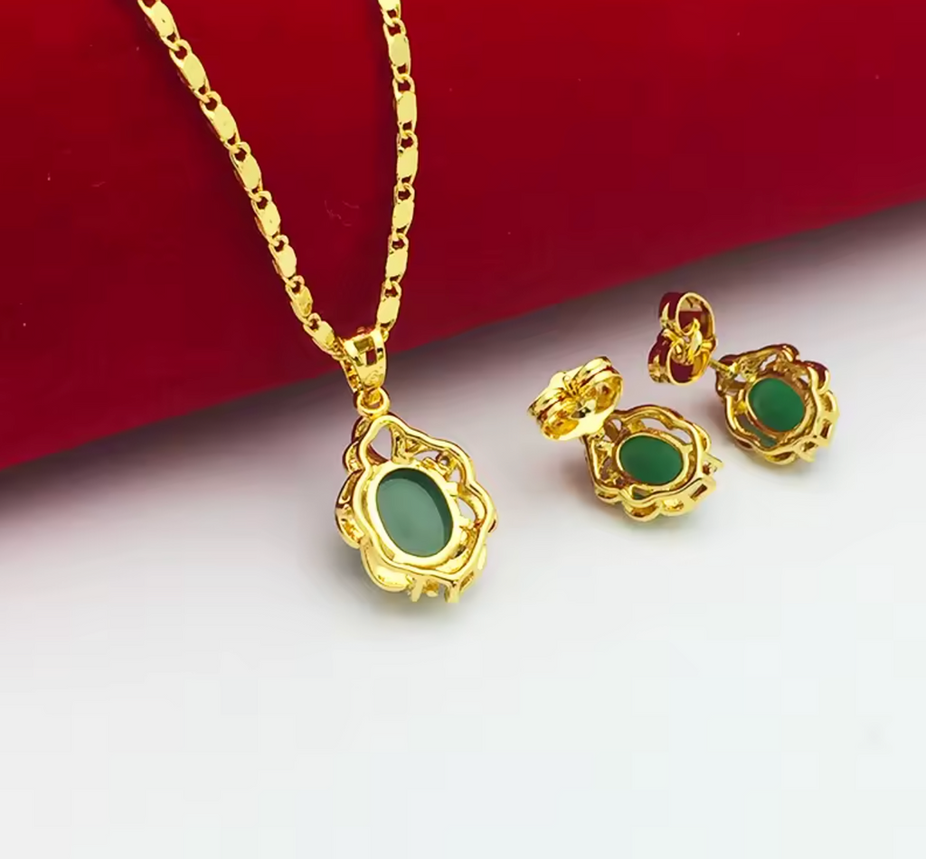 Gold Plated Emerald Pendant Necklace & Earring Jewelry Set