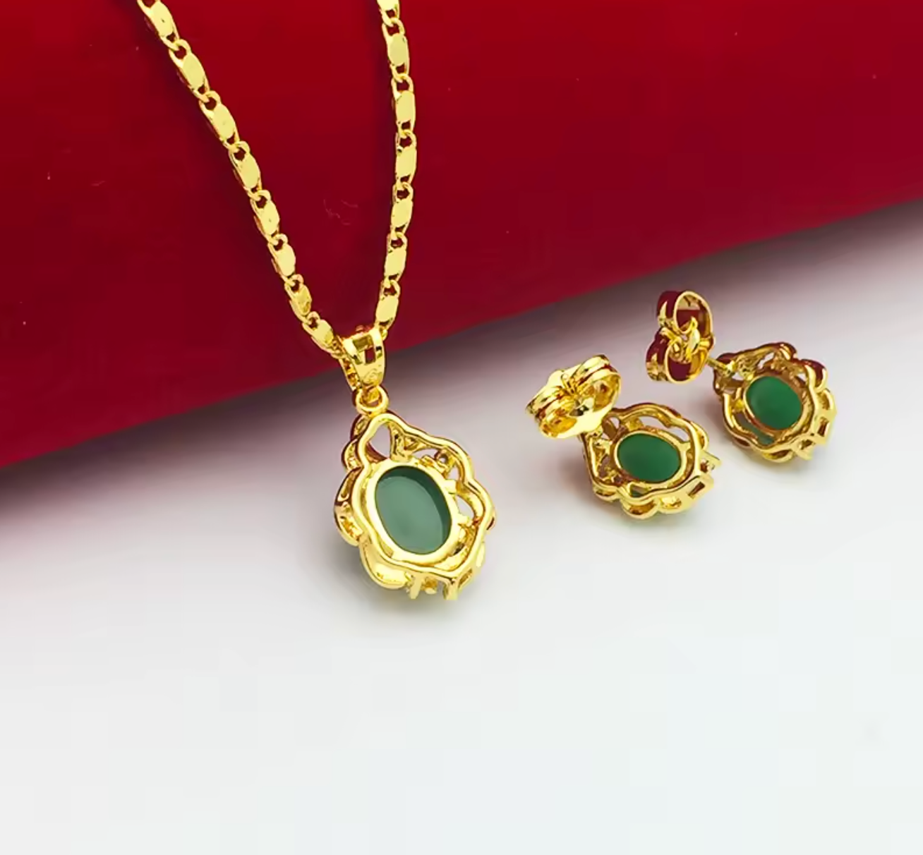 Gold Plated Emerald Pendant Necklace & Earring Jewelry Set