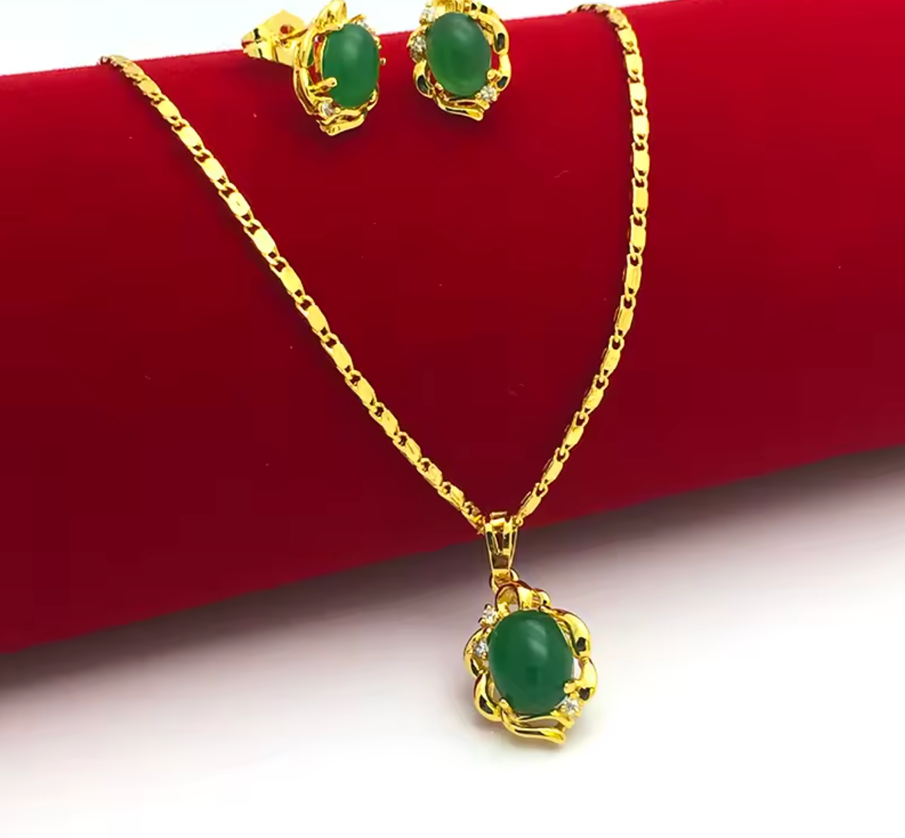 Gold Plated Emerald Pendant Necklace & Earring Jewelry Set