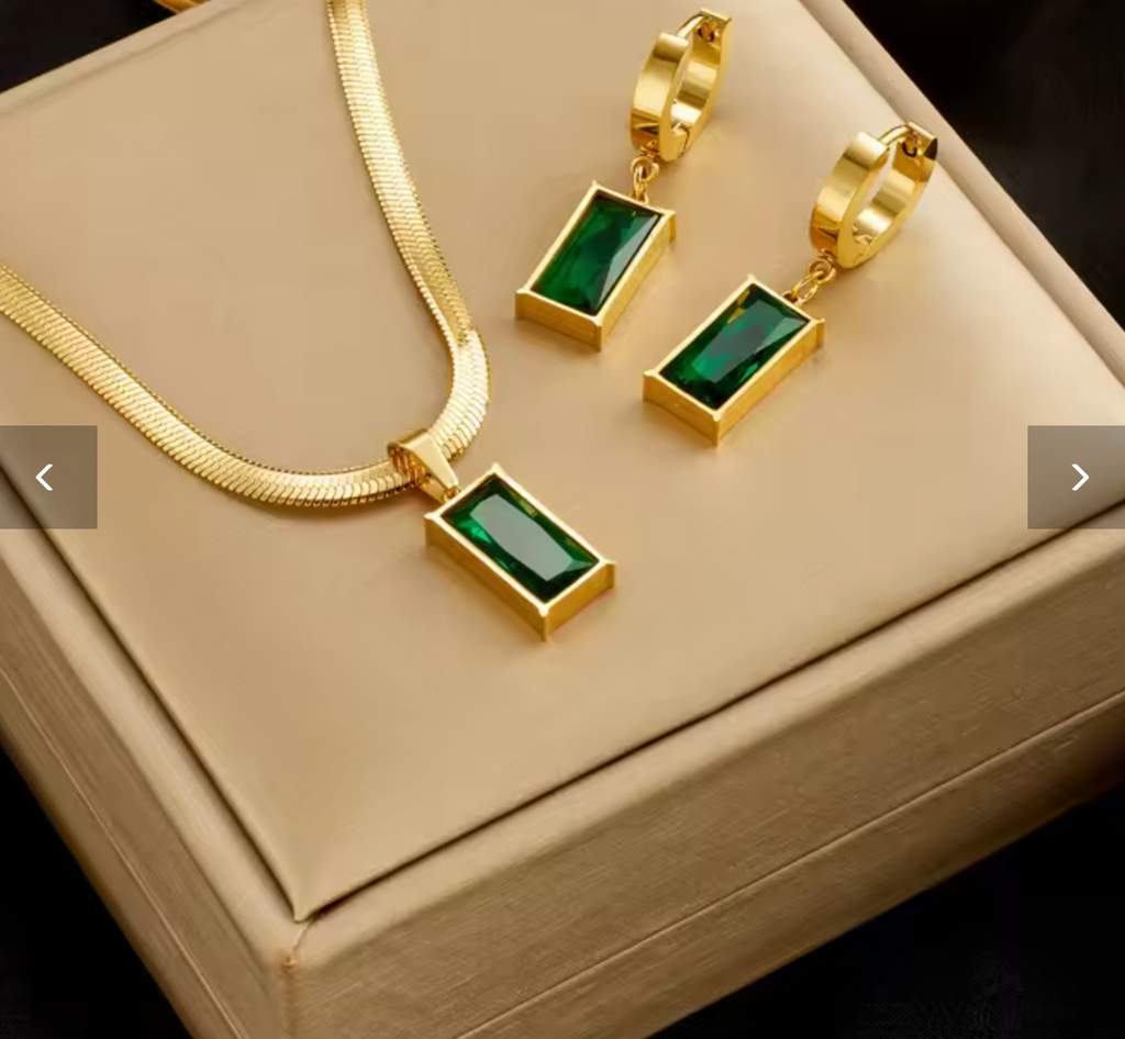 Stainless Steel Green Crystal Zircon Jewelry Set for Women