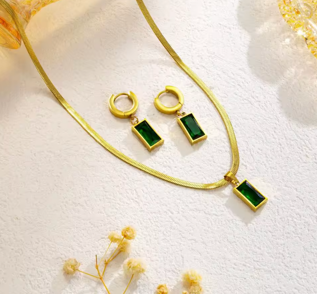 Stainless Steel Green Crystal Zircon Jewelry Set for Women