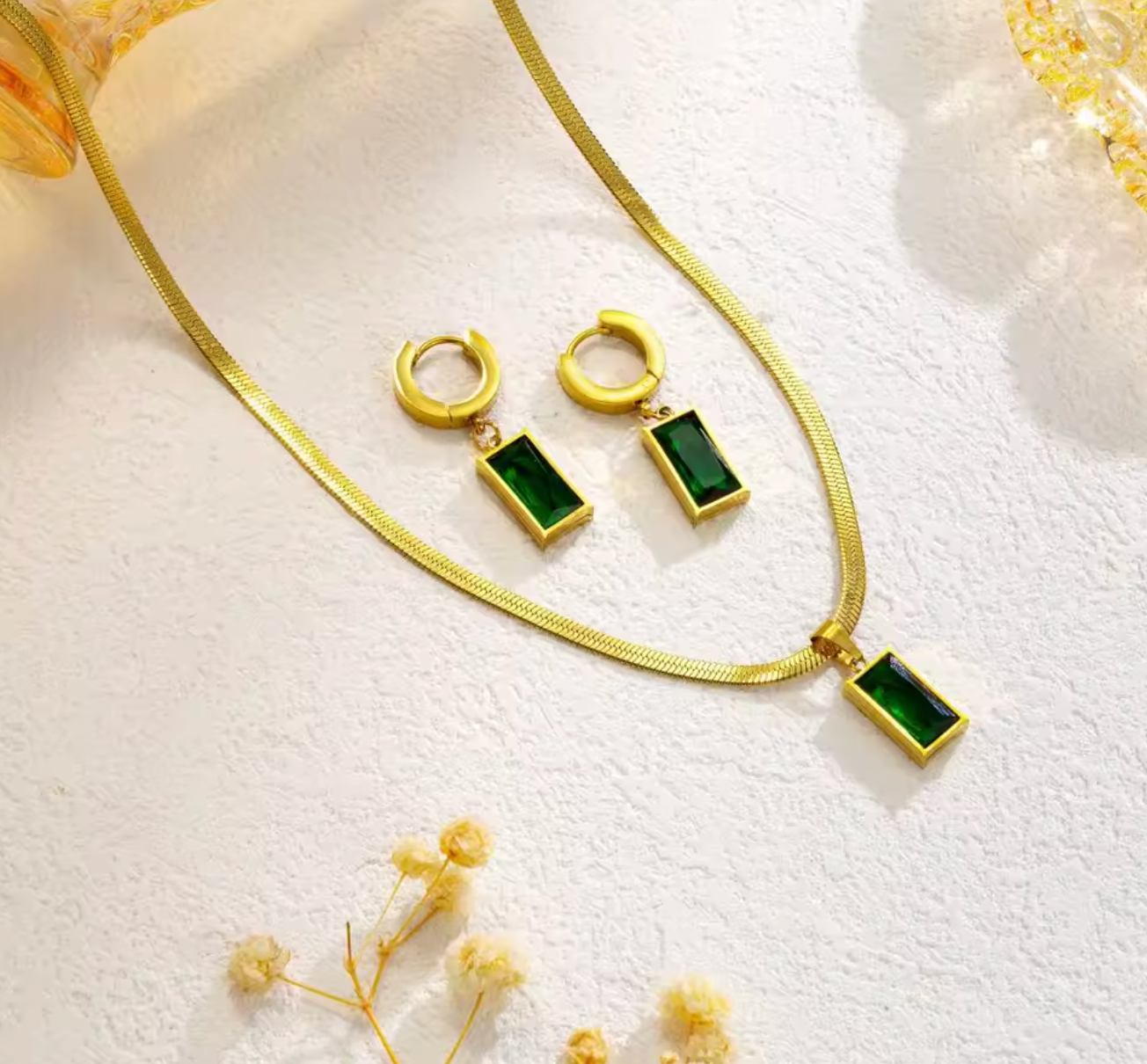 Stainless Steel Green Crystal Zircon Jewelry Set for Women