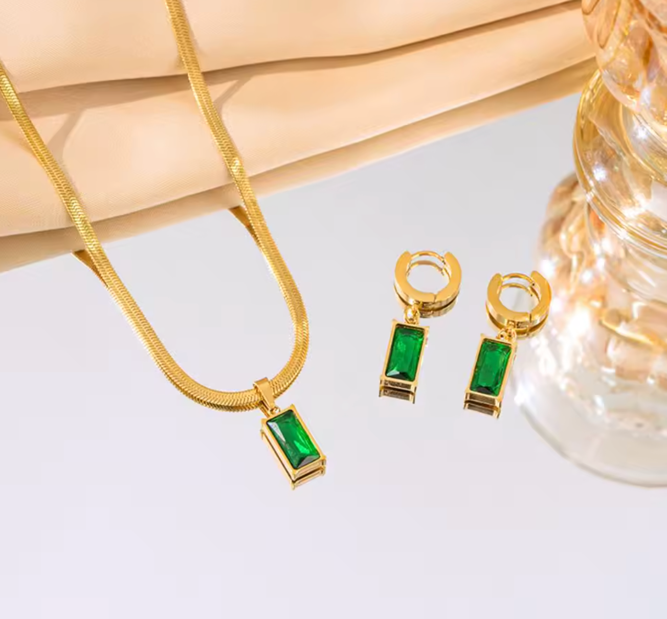 Stainless Steel Green Crystal Zircon Jewelry Set for Women