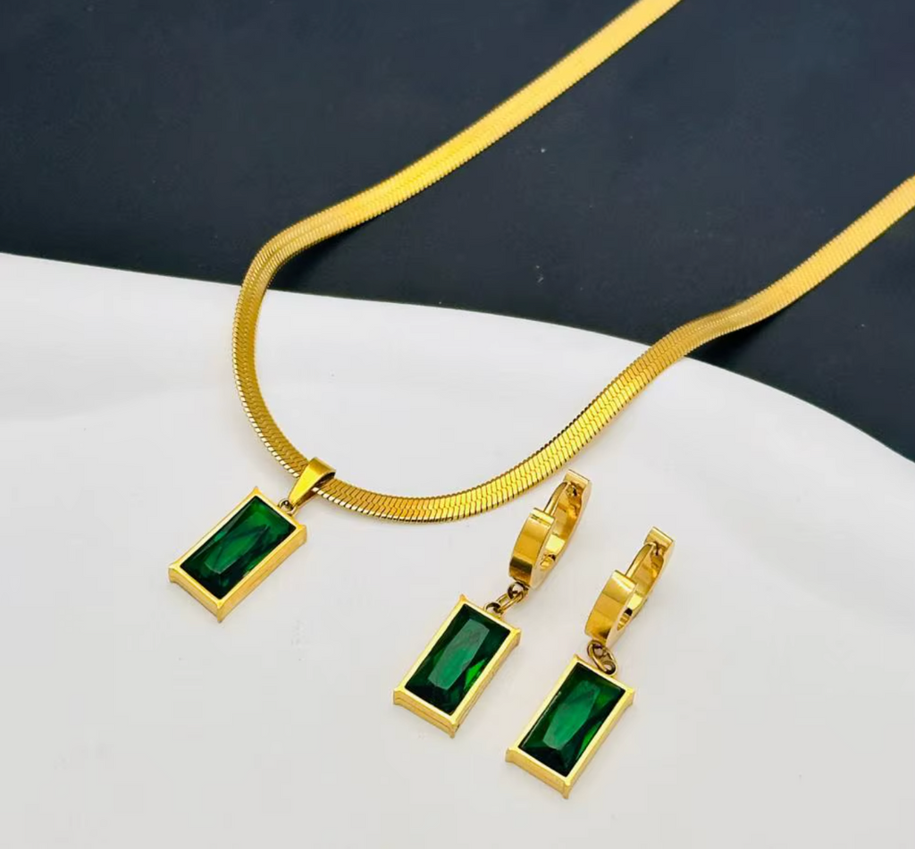 Stainless Steel Green Crystal Zircon Jewelry Set for Women