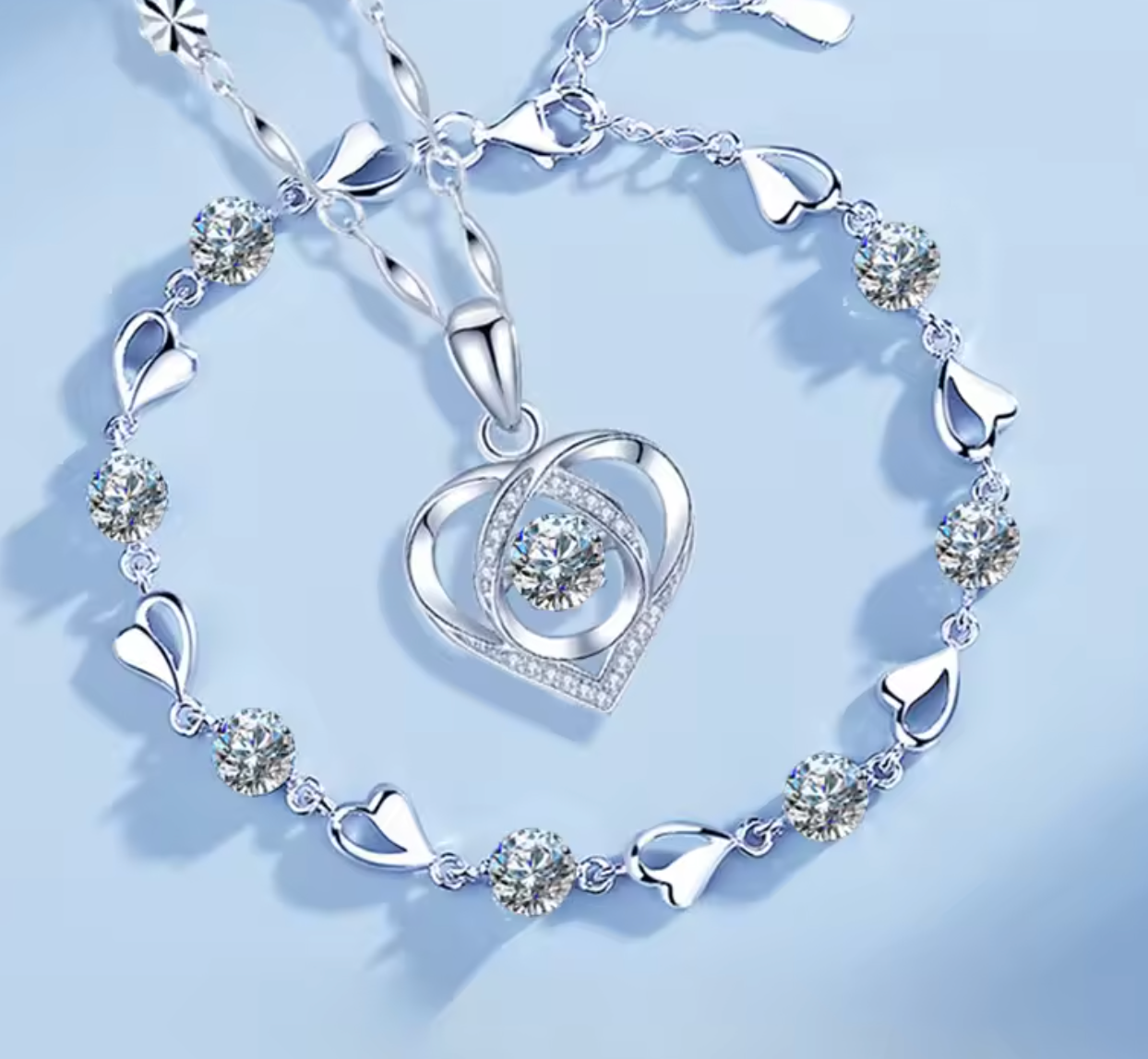 925 Sterling Silver Heart Shaped Necklace & Bracelet Set for Women